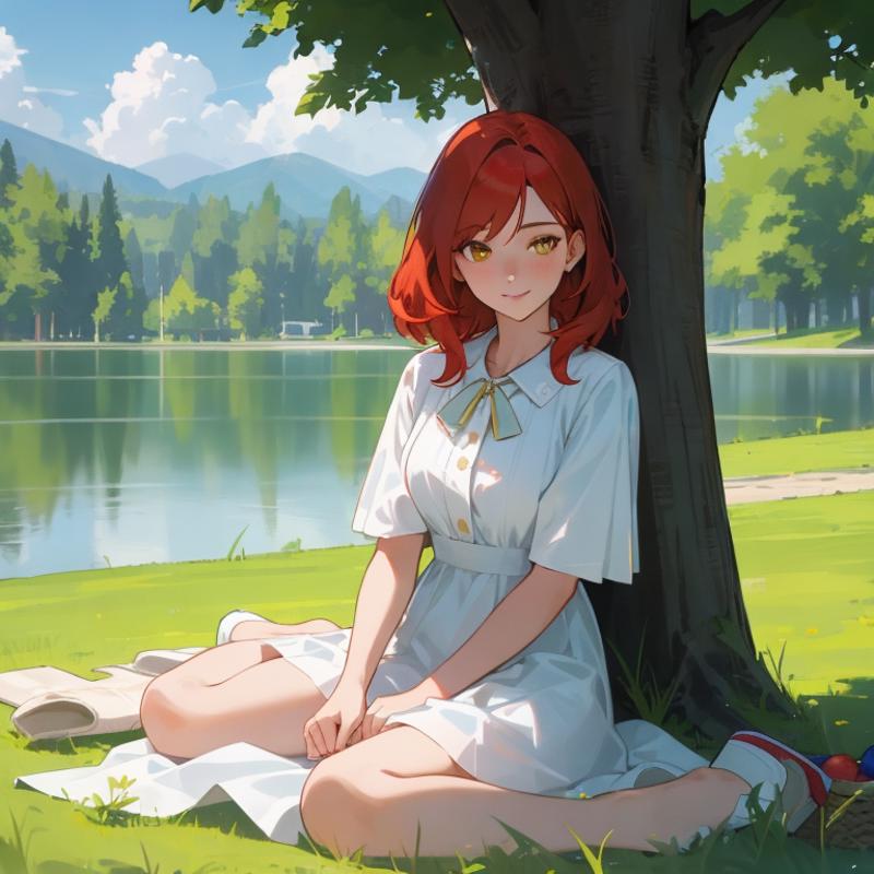 00143-2299588987-1Girl, mature, American, redhead, medium hair, yellow eyes, sitting on a picnic blanket near a lake, elegant summer dress, happy.png